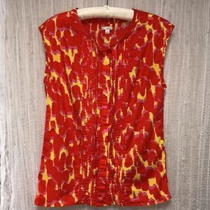 GAP M Cotton Coral Red Pink Neon Yellow Button & Tie Front Sleeveless Blouse